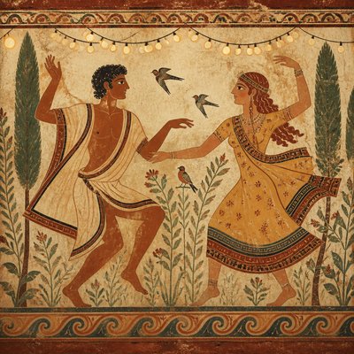 an original couple dancing under string lights in a garden at dusk: a man with short black hair in a linen shirt and a woman with braided red hair in a summer dress