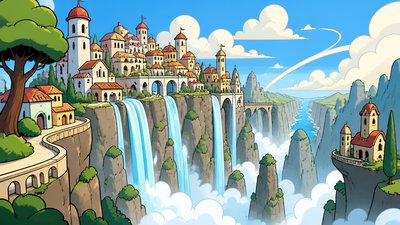 a cliffside city with waterfalls cascading into a misty canyon, wide establishing shot, no people, no text