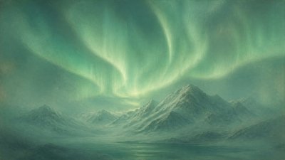 a flowing aurora over snowy peaks, wide sweeping composition, no people, no text