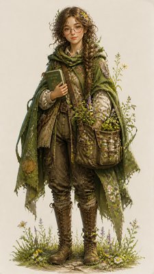 full-body original character: a wandering botanist with a satchel of plants, a patched green cloak, tall boots and round glasses, neutral background