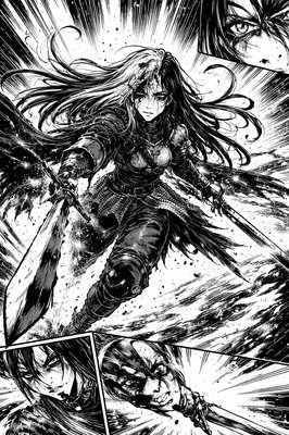 a drawing of a woman holding a sword