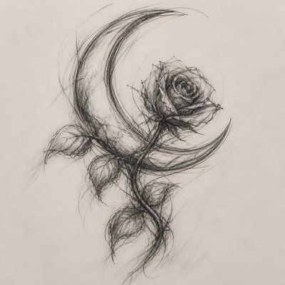 a rose entwined with a crescent moon, clean balanced composition on a plain background, no text