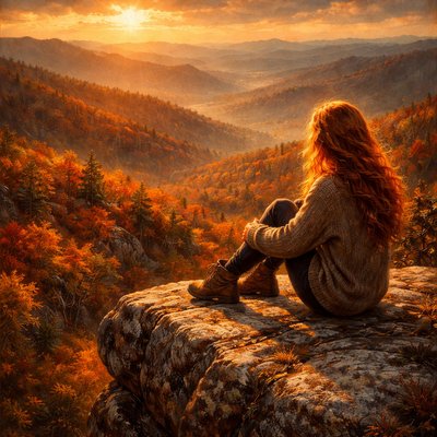 Cinematic Landscape Photography, Golden Hour Backlighting, Rich Autumnal Palette. A sweeping, atmospheric photograph of a solitary woman with a mane of long, wavy fiery red hair that glows in the sunset light. She is sitting quietly on the edge of a massive, lichen-covered granite outcrop, looking out over a vast, endless vista of the Appalachian mountains at peak autumn foliage. Let the landscape below be a dense, vibrant tapestry of brilliant oranges, deep crimson reds, and golden yellows, stretching to a hazy, blue-toned horizon. The late afternoon sun is low, casting long shadows across the ancient mountain ridges. She wears a rustic chunky wool sweater in muted earth tones and worn leather hiking boots. The air feels crisp and cool.