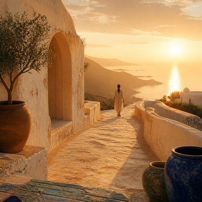 a solitary figure walking toward a glowing horizon across an empty plain, moody atmosphere, no text or lettering
