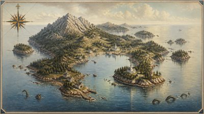 a map of an island realm with mountains, forests, a sheltered bay, sea monsters in the water and a compass rose, no text labels