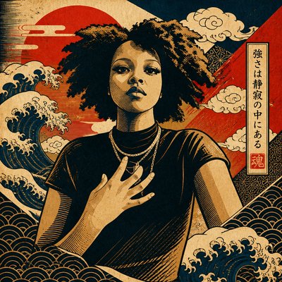a painting of a woman standing in front of a wave