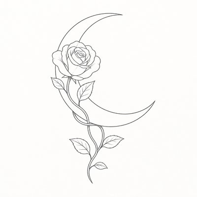 a rose entwined with a crescent moon, clean balanced composition on a plain background, no text