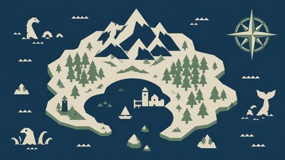 a map of an island realm with mountains, forests, a sheltered bay, sea monsters in the water and a compass rose, no text labels