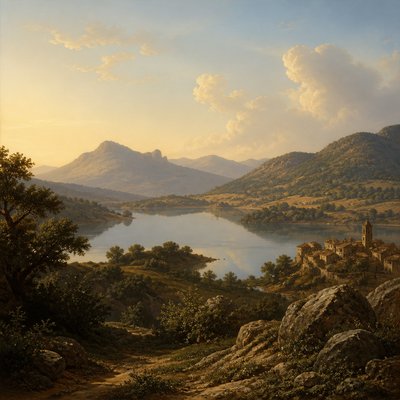 wide landscape with natural scenery — Classical Realist Figurative Art Style