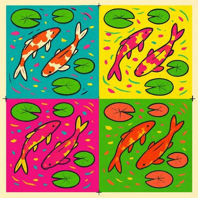 A koi pond seen from above, orange and white koi fish swimming among lily pads, clear water with subtle ripples, fallen cherry blossom petals floating on the surface, dappled sunlight