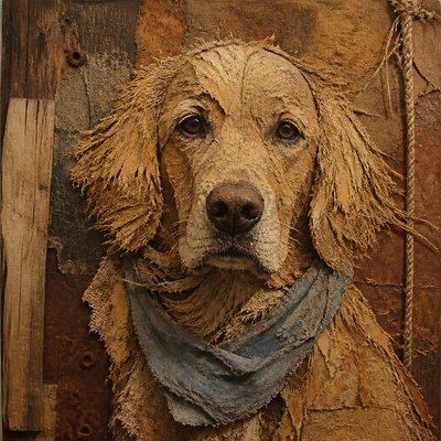 portrait of a golden retriever wearing a blue bandana, warm plain backdrop, no text