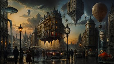 bustling city street panorama at dusk