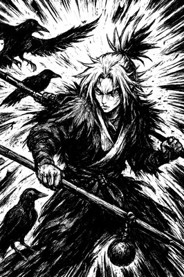 a black and white drawing of a man with a sword