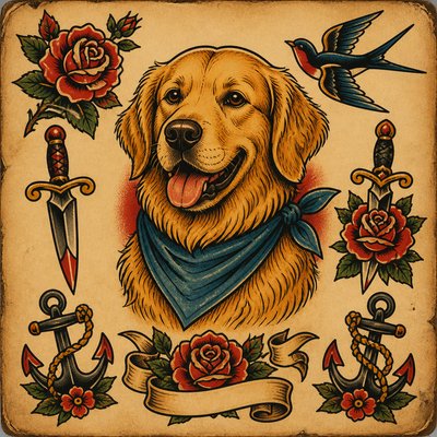 portrait of a golden retriever wearing a blue bandana, warm plain backdrop, no text