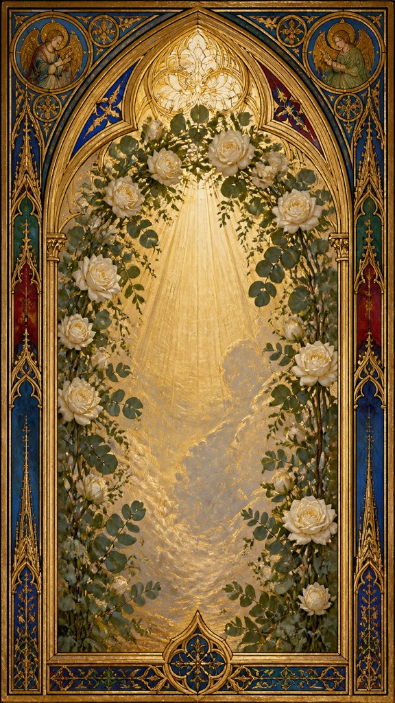 an arch of white roses and eucalyptus in soft morning light, elegant vertical composition with open space, no text