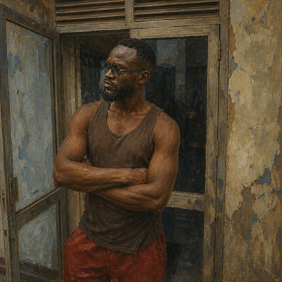 a painting of a man standing in front of a window