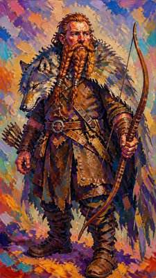 full-body original character: a dwarven ranger with a braided auburn beard, worn leather armor, a longbow and a wolf-pelt cloak, neutral background, no text