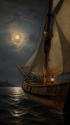 a ship with sails on a moonlit sea with a sailor climbing up the mast 