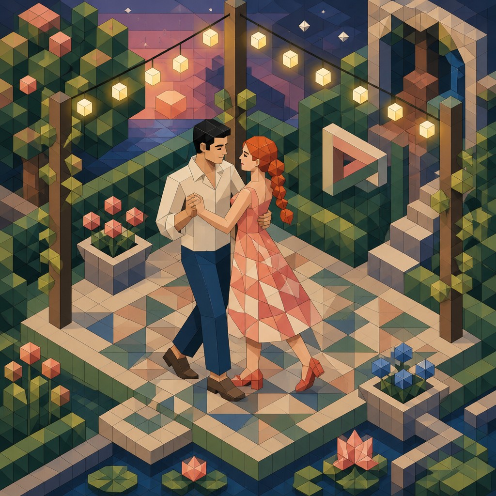 an original couple dancing under string lights in a garden at dusk: a man with short black hair in a linen shirt and a woman with braided red hair in a summer dress