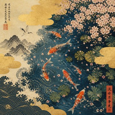 A koi pond seen from above, orange and white koi fish swimming among lily pads, clear water with subtle ripples, fallen cherry blossom petals floating on the surface, dappled sunlight