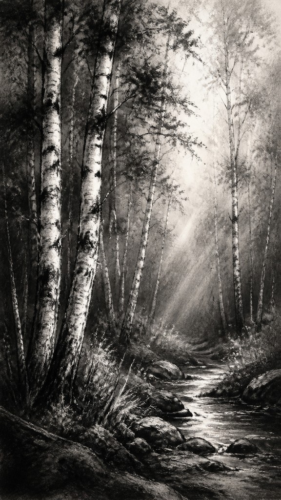 a serene birch forest in soft morning light, no people, no text