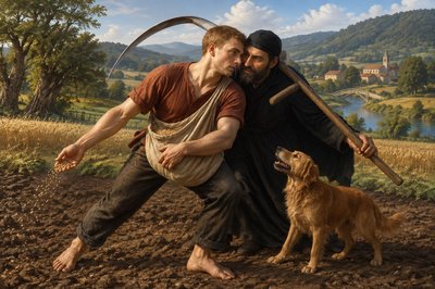 a painting of a man and a dog in a field
