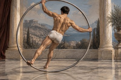 back view of athletic greek acrobat in tight briefs turning his cyr wheel