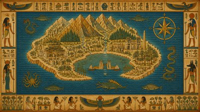 a map of an island realm with mountains, forests, a sheltered bay, sea monsters in the water and a compass rose, no text labels
