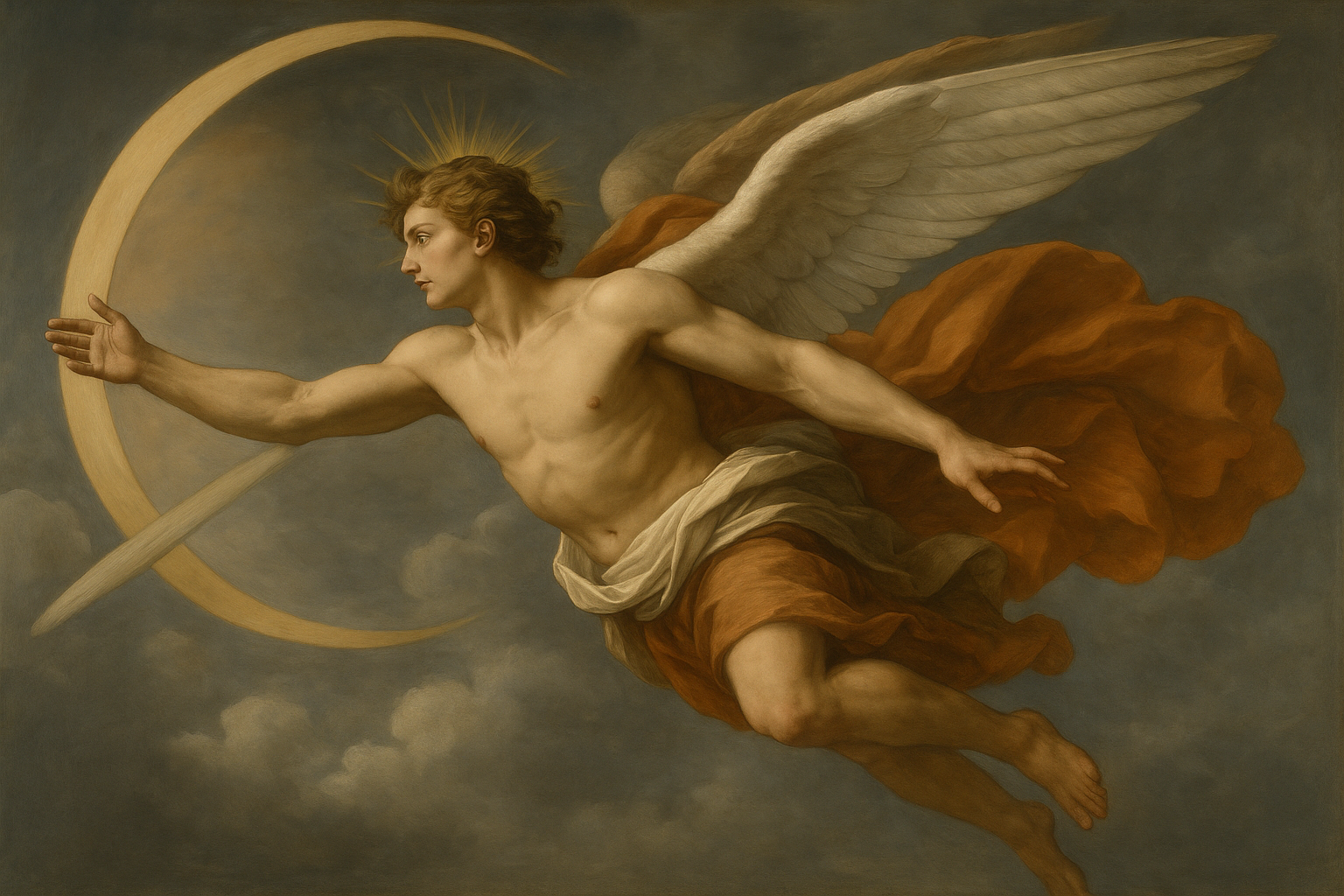 a painting of an angel with a sword