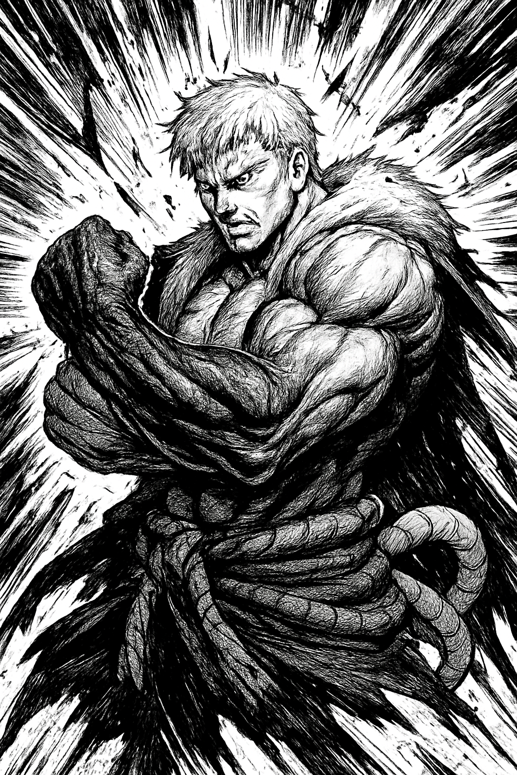 a black and white drawing of a man with his arms stretched out