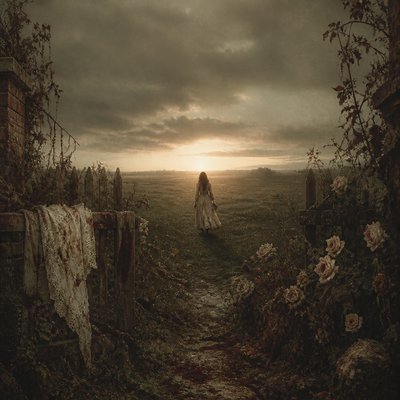 a solitary figure walking toward a glowing horizon across an empty plain, moody atmosphere, no text or lettering