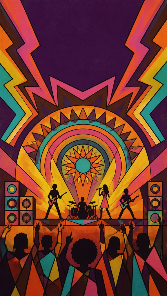 a live music scene with a glowing stage and silhouetted crowd, energetic vertical composition with open space at the top, no text