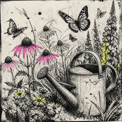 a garden scene with butterflies, flowers and a watering can, clean uncolored line art, no text