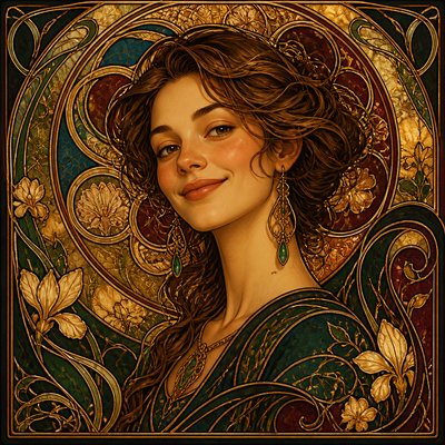 head-and-shoulders portrait of an original character: a young woman with wavy chestnut hair and a warm smile, plain soft backdrop