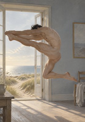 a painting of a man jumping in the air