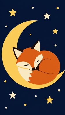 a sleeping baby fox curled on a crescent moon among soft stars, gentle and warm, no text