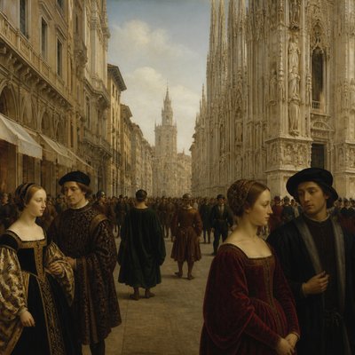 urban street with city activity — Milan Art Style