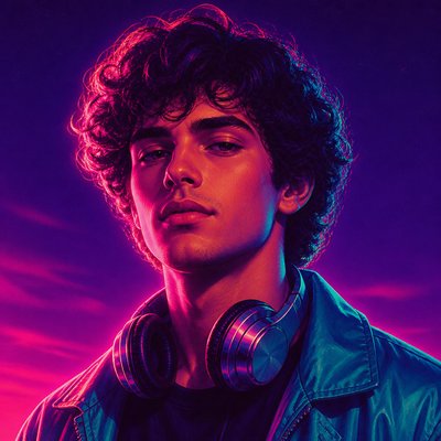 head-and-shoulders portrait of an original character: a young man with curly dark hair and headphones around his neck, plain backdrop, no text