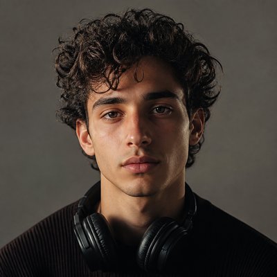 head-and-shoulders portrait of an original character: a young man with curly dark hair and headphones around his neck, plain backdrop, no text