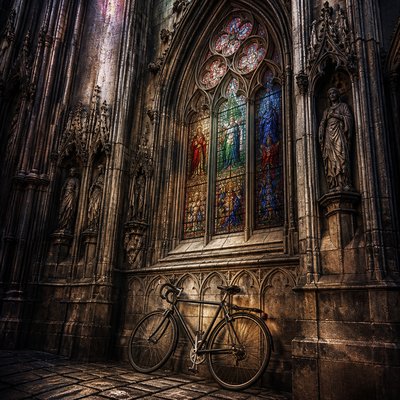 bicyle resting against a wall