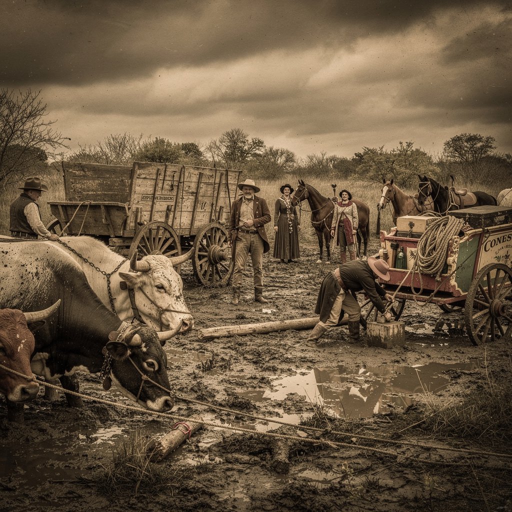 A highly realistic and historically accurate image set in the deep, waterlogged mud of the Texas Cross Timbers (Montague County) in 1840. The scene captures the frustrating moment when the Chihuahua Traders caravan is completely stuck. Foreground focus is on several heavy, wooden Conestoga freight wagons, mired up to their axles in dark, thick mud. Exhausted oxen are straining and distressed, their drivers in rough frontier attire attempting to free the wheels with ropes and levers. In the mid-ground, a small group of the American equestrian circus performers stands next to their distinctive, high-quality riding horses, which are visibly more refined than the typical pack animals. The performers are dressed in sturdy but distinct traveling clothes, looking ill-equipped and frustrated by the muddy conditions. One performer is carefully securing a colorful carriage or cart containing unique circus props, struggling to keep it from sinking. The overall mood is one of miserable delay and hardship. Cloudy, oppressive sky; detailed realism; wide-angle shot; dark, moody lighting.