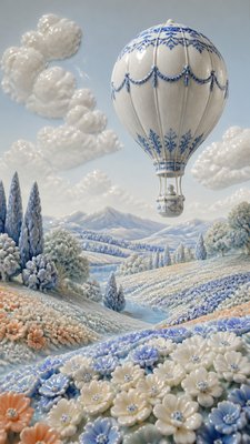 a hot air balloon drifting over rolling flower fields on a sunny day, cheerful, no text