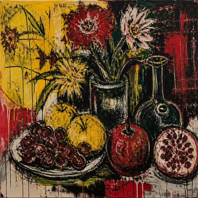 still life arrangement of fruits and flowers