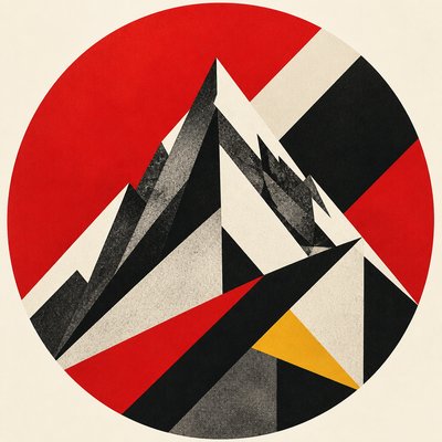 an emblem of a mountain peak inside a circle, simple bold shapes on a plain background, no text or lettering