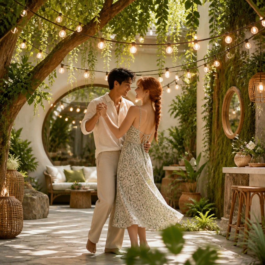 an original couple dancing under string lights in a garden at dusk: a man with short black hair in a linen shirt and a woman with braided red hair in a summer dress