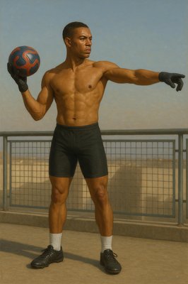a painting of a man holding a soccer ball