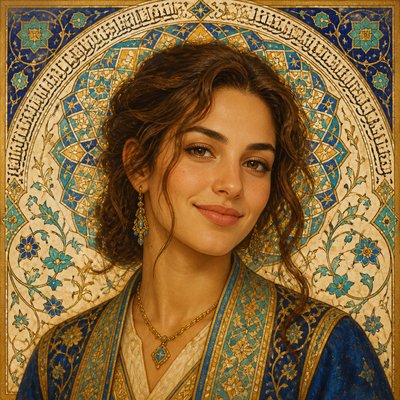 head-and-shoulders portrait of an original character: a young woman with wavy chestnut hair and a warm smile, plain soft backdrop