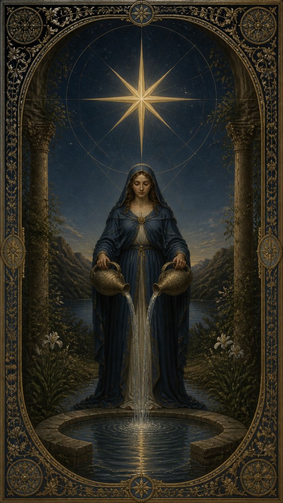 a robed figure pouring water beneath a large eight-pointed star in a night sky, symmetrical composition with an ornate decorative border, no text
