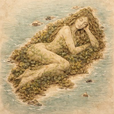 An island in a wide sea viewed from above, contains a goddess spirit, she is laying on her side, looking relaxed. Tropical leafy island no flowers
