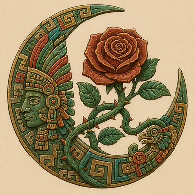 a rose entwined with a crescent moon, clean balanced composition on a plain background, no text